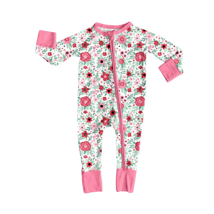 Preorder (moq 8)Baby Girls Long Sleeve Pink Flowers Zipper Footie Rompers 9.12