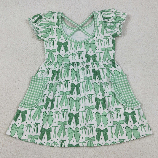 Baby Girls Dress Green Clovers Bows St Patrick Pockets Knee Length Dresses GSD2903 12.3