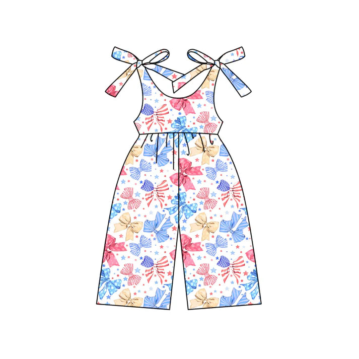 Preorder (moq 5)Baby Girls Strap Blue Red Bows Stars 4th Of July Jumpsuits 4.24