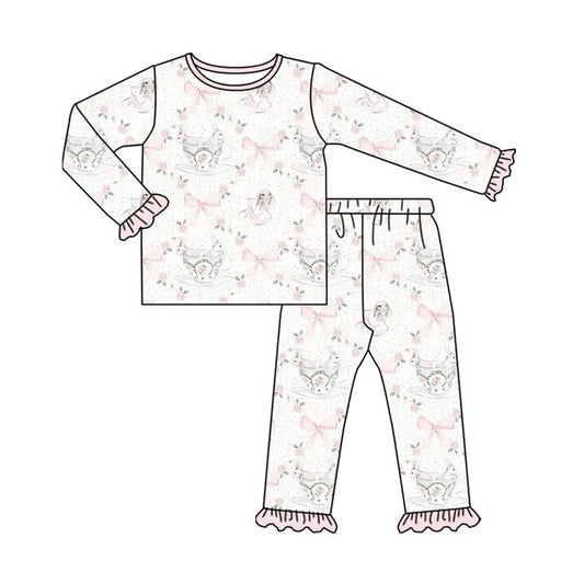 Preorder (moq 5)Baby Girls Pink Bows Rabbits Top Ruffle Pants Easter Pajamas Sets 11.19