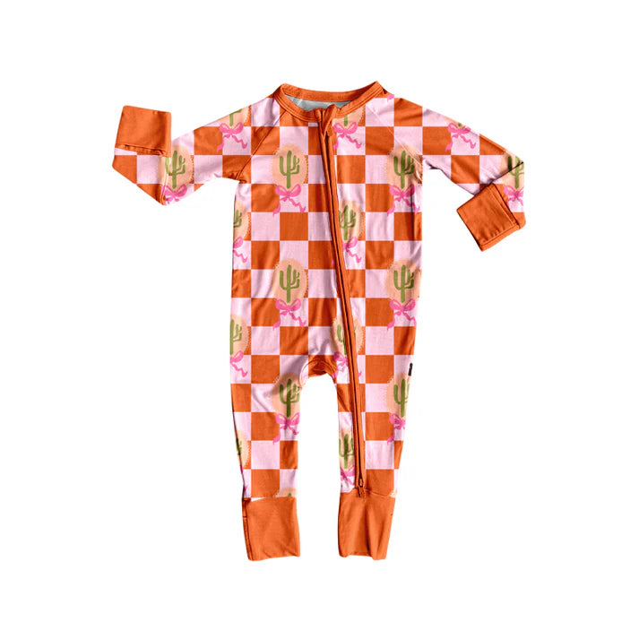 Preorder(moq 5)Baby Infant Western Pink Cactus Zipper Footie Rompers 8.11
