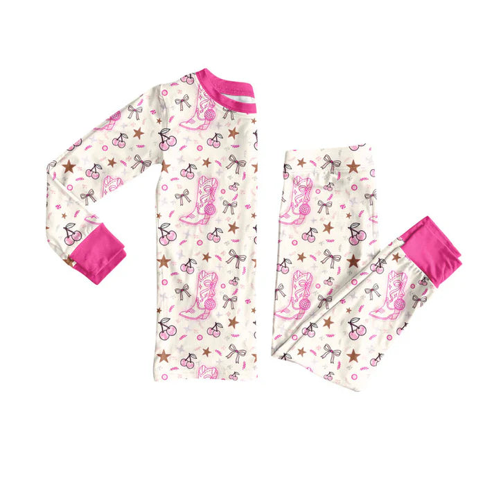 Preorder (moq 8)Baby Girls Pink Boots Cheers Top Pant Pajamas Sets 9.8