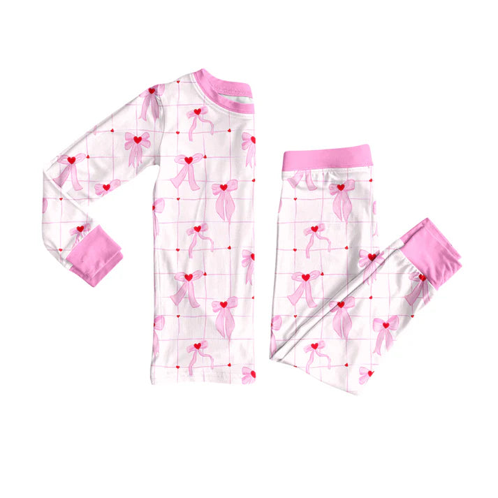 Preorder (moq 5)Baby Girls Long Sleeves Pink Bows Hearts Plaid Top Pants Pajamas Set 7.29
