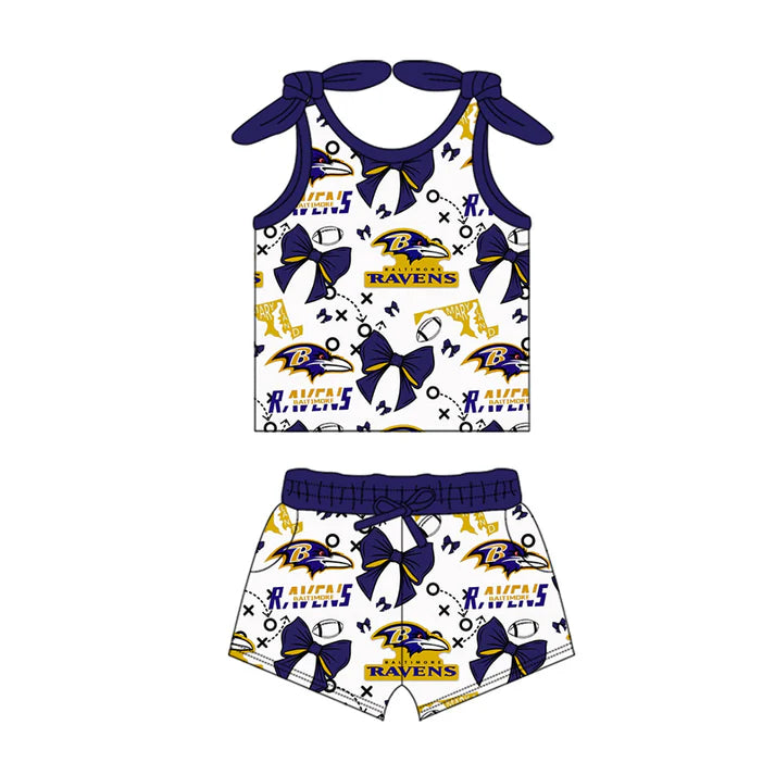 Preorder MOQ 5 pcs sleeveless blue bow football kids girls team outfits 8.28