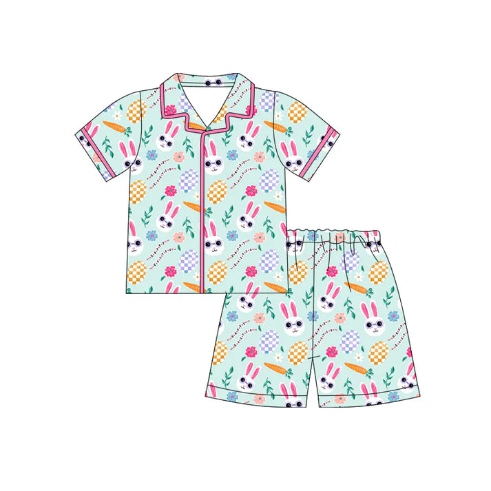 Preorder (moq 5)Baby Girls Rabbits Eggs Flowers Button Top Shorts Easter Pajamas Sets 12.13