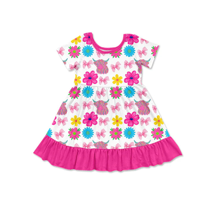 Preorder (moq 5)Baby Girls Highland Cows Flowers Western Ruffle Knee Length Dresses 12.16