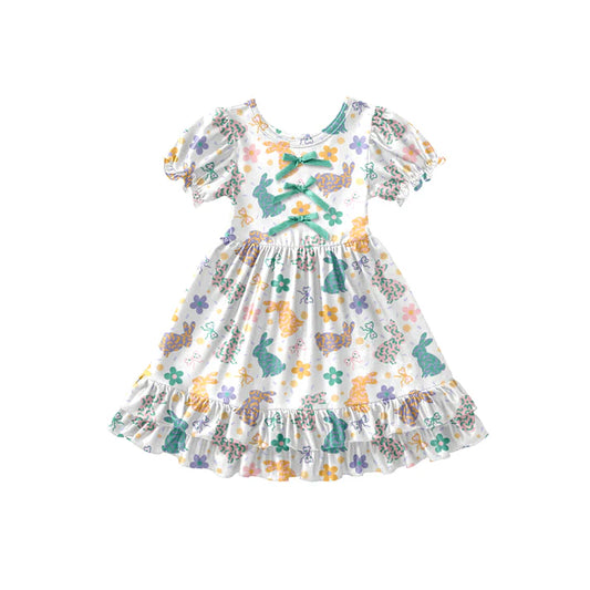 Preorder (moq 5)Baby Girls Leopard Rabbits Flowers Easter Ruffle Knee Length Dresses 12.26