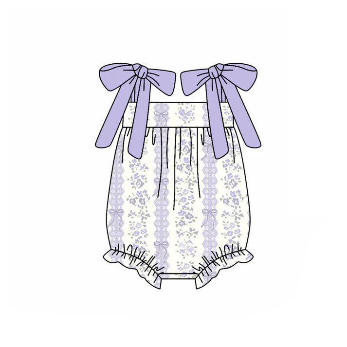 Preorder (moq 5)Baby Boys Lavender Strap Bows Flowers Stripe Ruffle Rompers 10.21