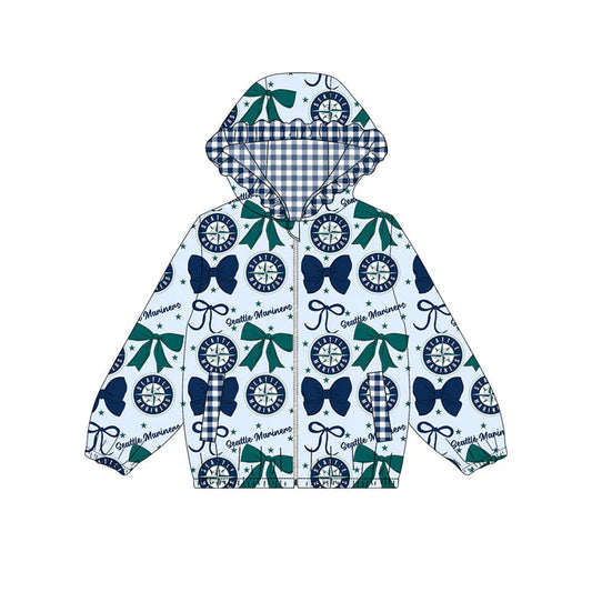 Preorder(moq 5)Baby Girls Green Navy Bows Seattle Pockets Zipper Team Ruffle Hoodies Jackets 10.16