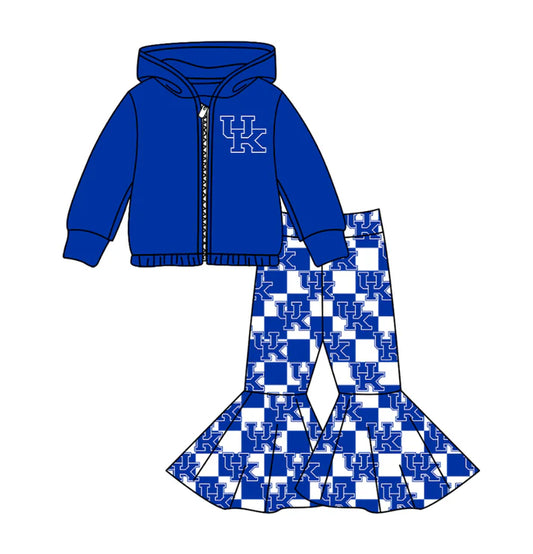 Preorder(moq 5) Baby Girls Blue UK Zipper Hoodie Jacket Bell Bottom Pants Team Clothes Sets 11.5