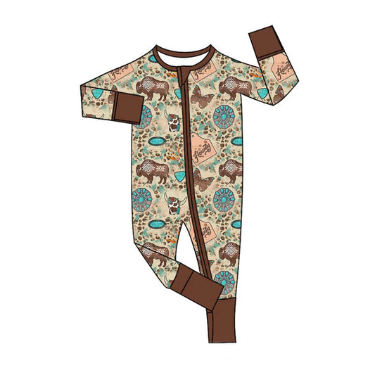 Preorder (moq 5)Baby Boys Aztec Cows Turquoises Western Two Way Zip Convertible Rompers 11.25