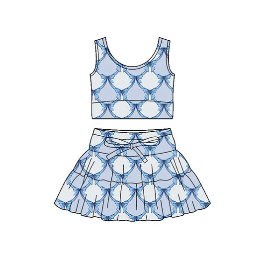 Preorder (moq 5)Baby Girls Sleeveless Blue Bows Checked Vest Top Skirt Shorts Clothes Sets 12.19