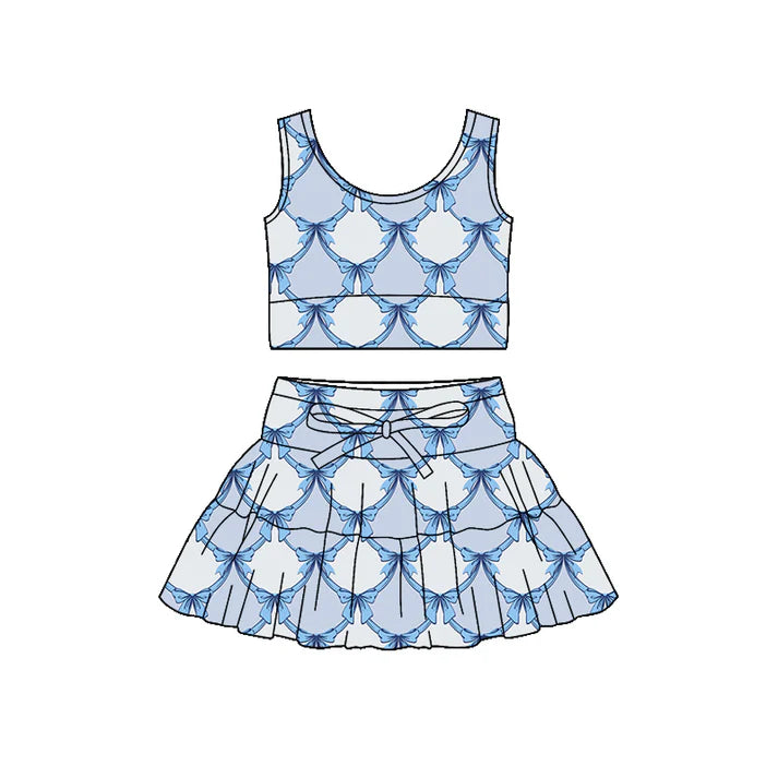 Preorder (moq 5)Baby Girls Sleeveless Blue Bows Checked Vest Top Skirt Shorts Clothes Sets 12.19