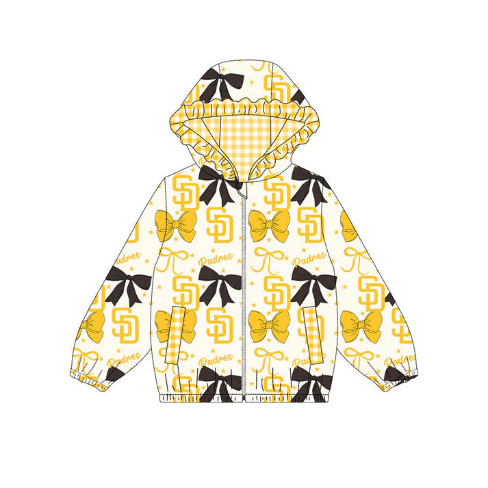 Preorder(moq 5)Baby Girls Yellow Black Bows SD Padres Pockets Zipper Team Ruffle Hoodies Jackets 10.16