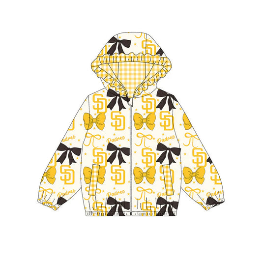 Preorder(moq 5)Baby Girls Yellow Black Bows SD Padres Pockets Zipper Team Ruffle Hoodies Jackets 10.16