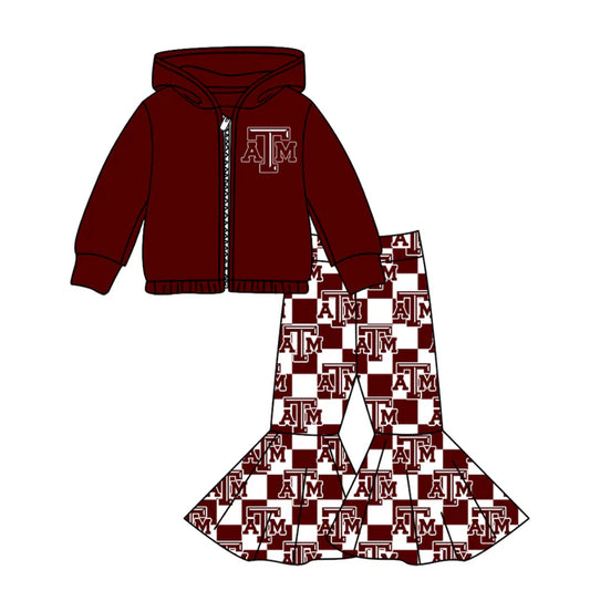 Preorder(moq 5) Baby Girls Red ATM Zipper Hoodie Jacket Bell Bottom Pants Team Clothes Sets 11.5