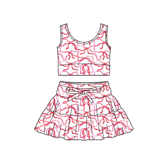 Preorder (moq 5)Baby Girls Sleeveless Red Bows Checked Vest Top Skirt Shorts Clothes Sets 12.19