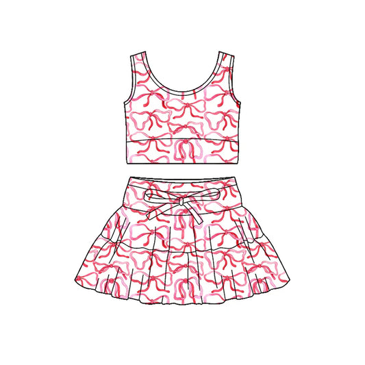 Preorder (moq 5)Baby Girls Sleeveless Red Bows Checked Vest Top Skirt Shorts Clothes Sets 12.19