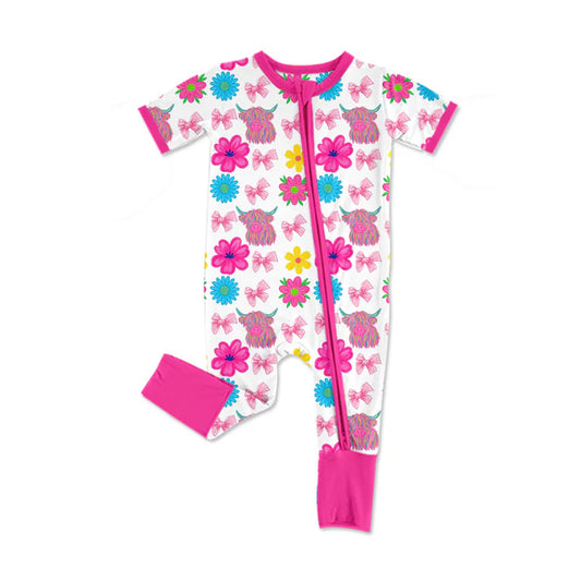 Preorder (moq 5)Baby Girls Highland Cows Flowers Western Two Way Zipper Convertible Rompers 12.16