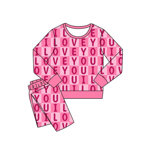 Preorder(moq 5) Baby Girls Pink I Love You Checked Pants Valentines Pajamas Sets 11.8