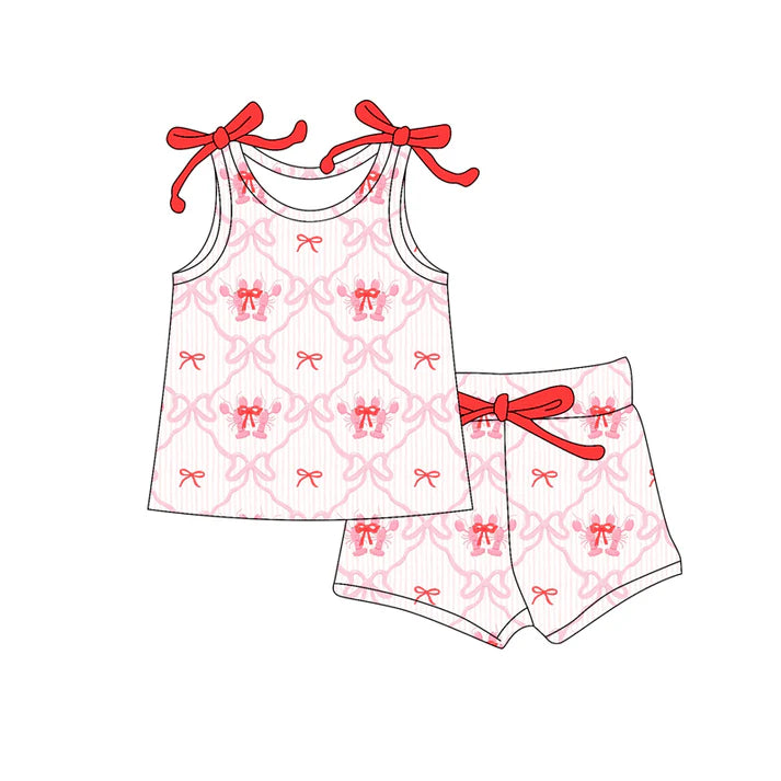 Preorder (moq 5)Baby Girls Sleeveless Bows Crayfishes Checked Top Shorts Clothes Set 12.18