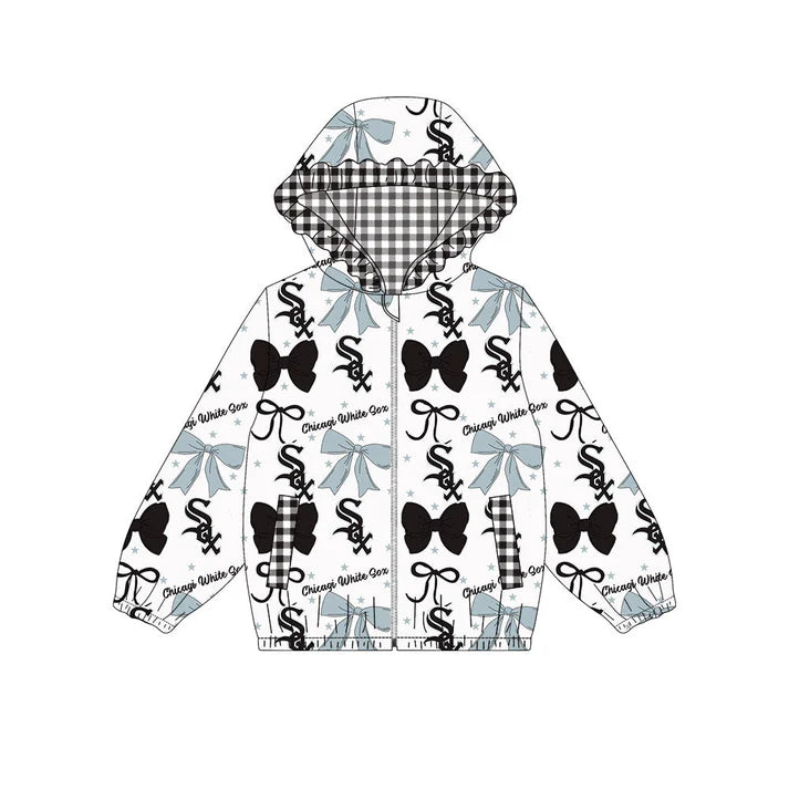 Preorder(moq 5)Baby Girls Grey Black Bows SOX Pockets Zipper Team Ruffle Hoodies Jackets 10.16