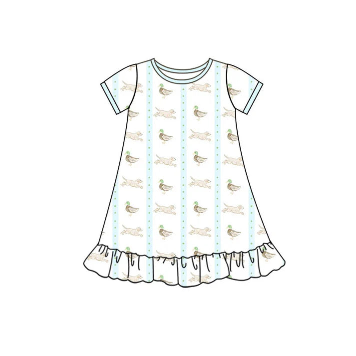 Preorder(moq 5) Baby Girls Ducks Dogs Stripe Hunting Ruffle Knee Length Dresses 10.30