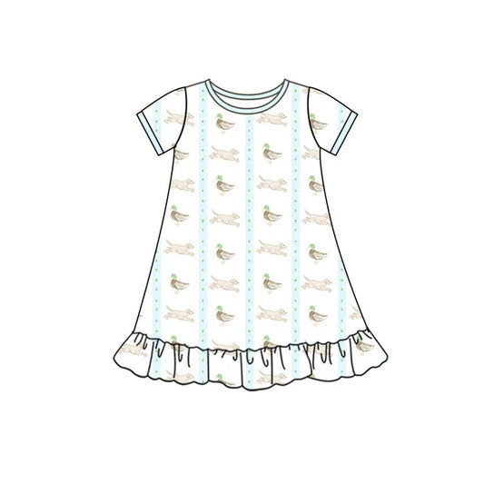 Preorder(moq 5) Baby Girls Ducks Dogs Stripe Hunting Ruffle Knee Length Dresses 10.30