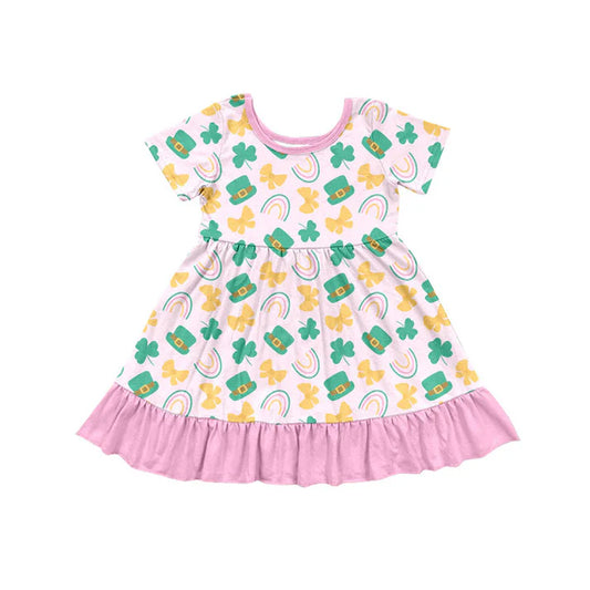 Preorder(moq 5) Baby Girls Clovers Hats Bows St Patrick Ruffle Knee Length Dresses 10.23