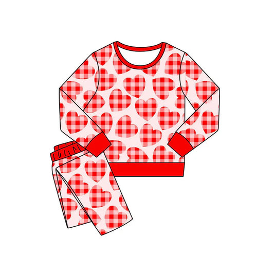 Preorder(moq 5) Baby Girls Red Checked Hearts Pants Valentines Pajamas Sets 11.8