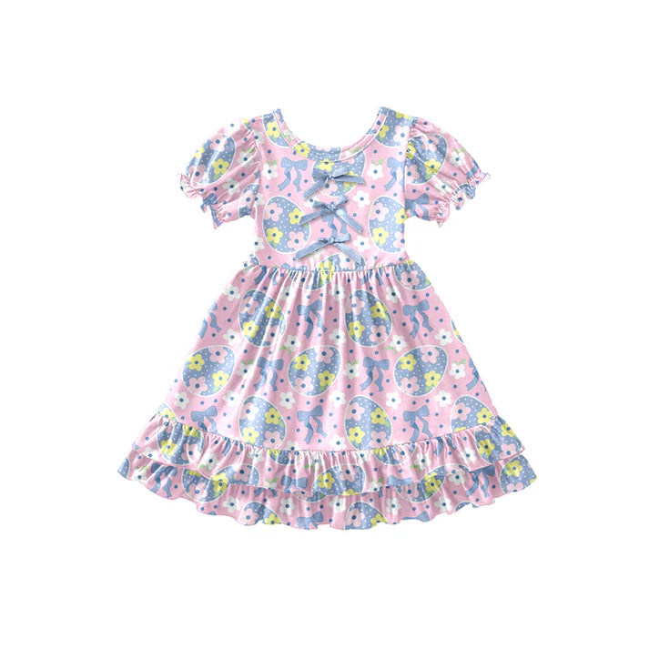 Preorder (moq 5)Baby Girls Floral Eggs Bows Easter Ruffle Knee Length Dresses 12.26