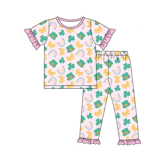 Preorder(moq 5) Baby Girls Clovers Hats Bows Top Ruffle Pants St Patrick Pajamas Set 10.23