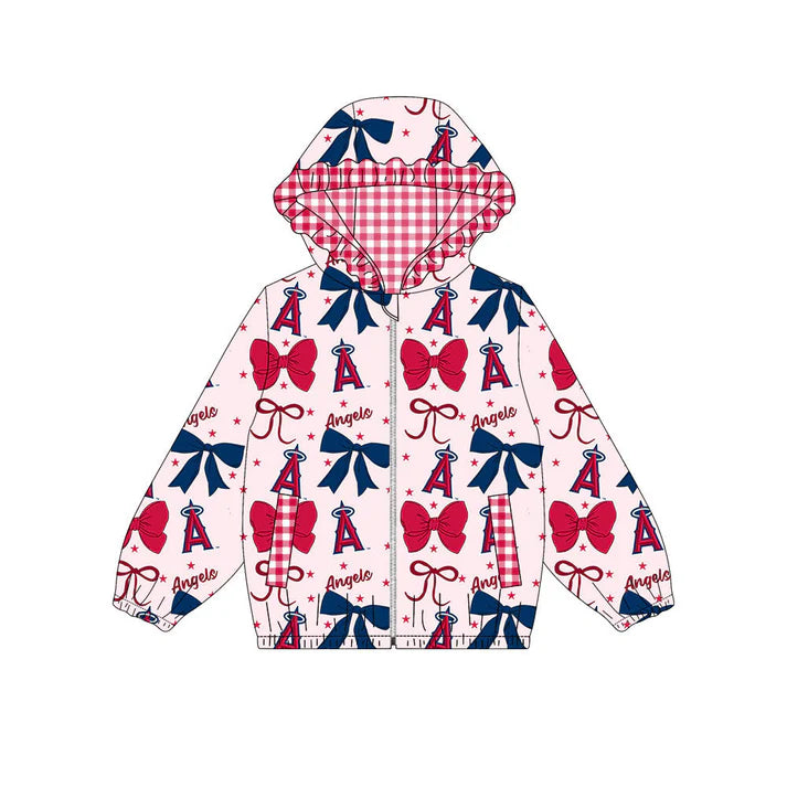 Preorder(moq 5)Baby Girls Red Navy Bows Angels Pockets Zipper Team Ruffle Hoodies Jackets 10.16
