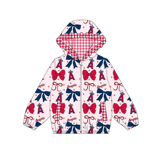 Preorder(moq 5)Baby Girls Red Navy Bows Angels Pockets Zipper Team Ruffle Hoodies Jackets 10.16