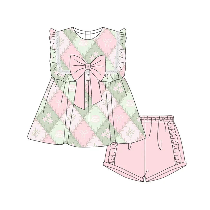 Preorder(moq 5) Baby Girls Flowers Bows Checked Tunic Ruffle Shorts Clothes Sets 10.21