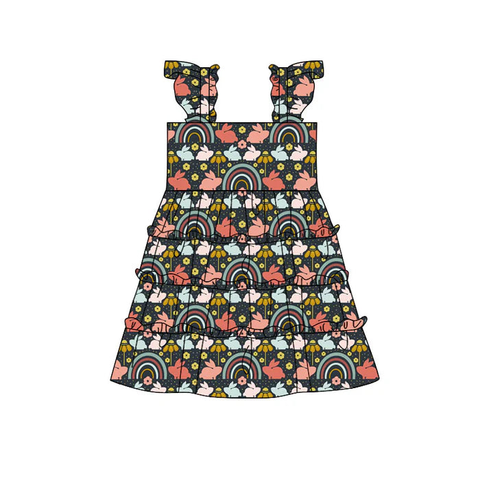 Preorder(moq 5) Baby Girls Flowers Rabbits Easter Patchwork Knee Length Dresses 10.29