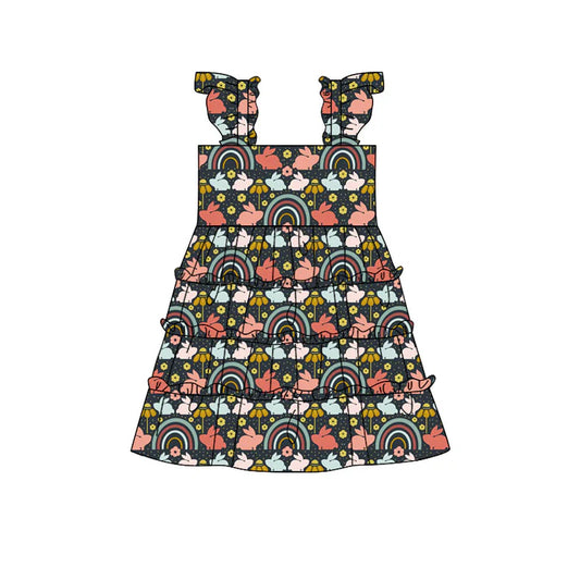 Preorder(moq 5) Baby Girls Flowers Rabbits Easter Patchwork Knee Length Dresses 10.29