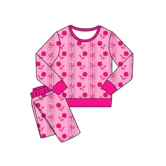 Preorder(moq 5) Baby Girls Pink Bows Flowers Stripe Pants Valentines Pajamas Sets 11.8