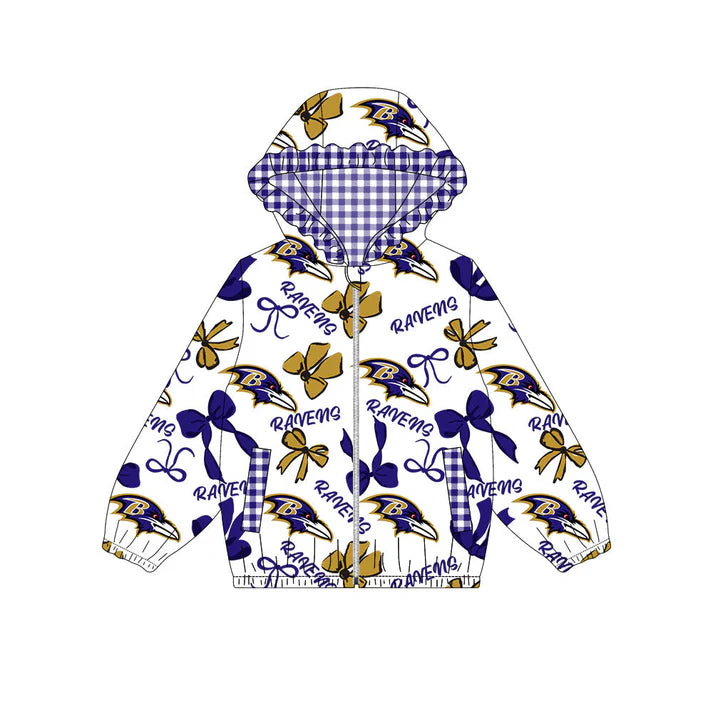 Preorder(moq 8)Baby Girls Gold Purple Bows Ravens Pockets Zipper Team Ruffle Hoodies Jackets 10.16