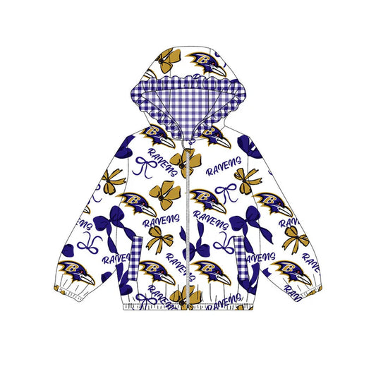 Preorder(moq 8)Baby Girls Gold Purple Bows Ravens Pockets Zipper Team Ruffle Hoodies Jackets 10.16