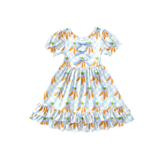 Preorder (moq 5)Baby Girls Carrots Bows Checked Easter Ruffle Knee Length Dresses 12.26