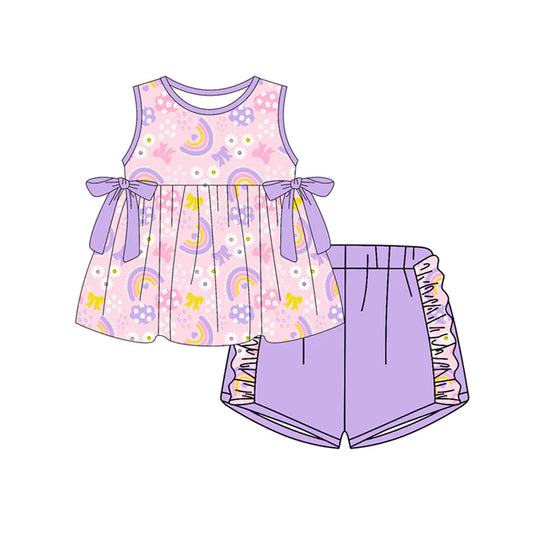 Preorder (moq 5)Baby Girls Sleeveless Flowers Rainbows Bows Tunic Ruffle Shorts Clothes Set 12.30