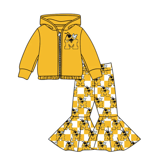 Preorder(moq 5) Baby Girls Yellow Bee M Zipper Hoodie Jacket Bell Bottom Pants Team Clothes Sets 11.5
