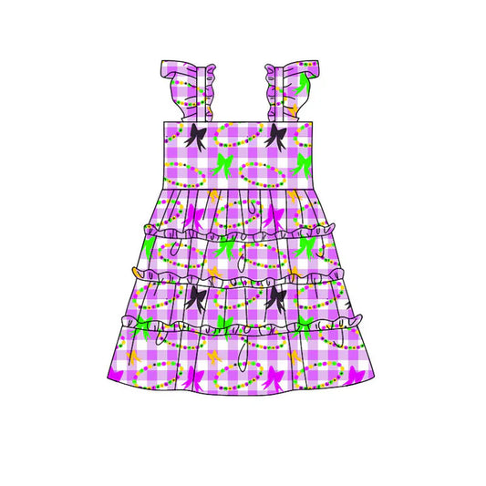 Preorder(moq 5) Baby Girls Mardigras Checked Bows Necklaces Patchwork Knee Length Dress 10.29