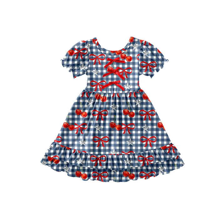 Preorder (moq 5)Baby Girls Bows Cherry Checked Ruffle Knee Length Dresses 12.26