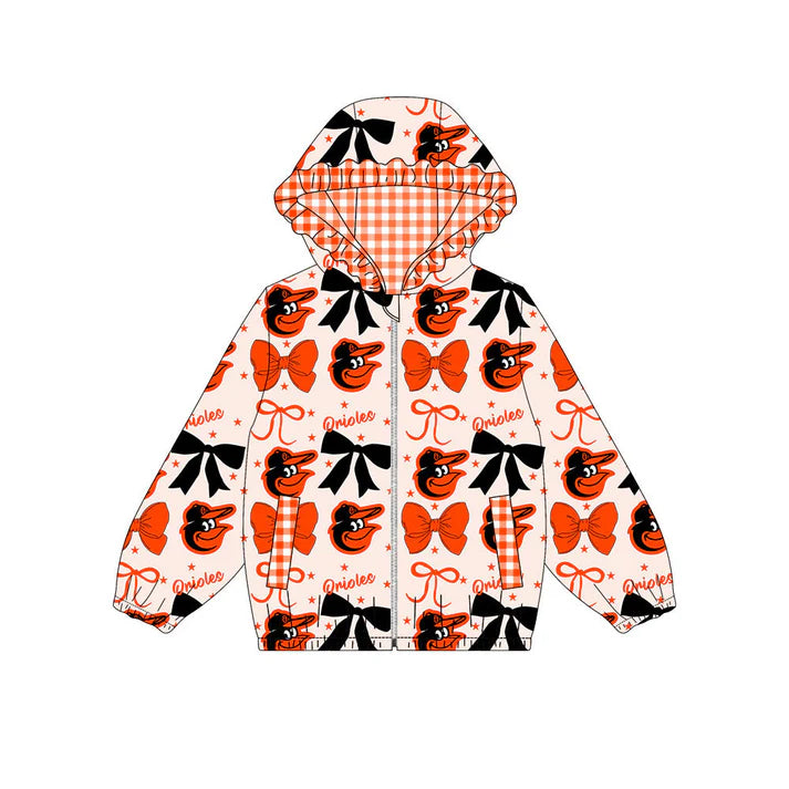 Preorder(moq 8)Baby Girls Orange Black Bows Orioles Pockets Zipper Team Ruffle Hoodies Jackets 10.16