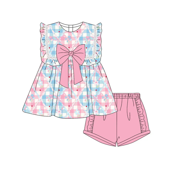 Preorder(moq 5) Baby Girls Flowers Bows Checked Tunic Ruffle Shorts Clothes Sets 10.21