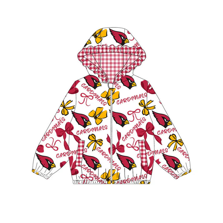 Preorder(moq 8)Baby Girls Gold Red Bows Cardinals Pockets Zipper Team Ruffle Hoodies Jackets 10.16