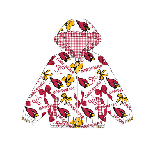Preorder(moq 8)Baby Girls Gold Red Bows Cardinals Pockets Zipper Team Ruffle Hoodies Jackets 10.16