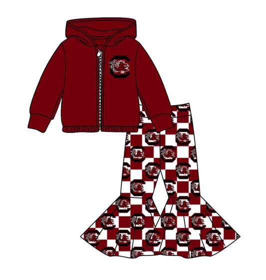 Preorder(moq 5) Baby Girls Dark Red C Bulls Zipper Hoodie Jacket Bell Bottom Pants Team Clothes Sets 11.5